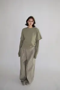 KIOKWANG//小众设计假两件拼接修身显瘦圆领垫肩长袖T恤打底上衣