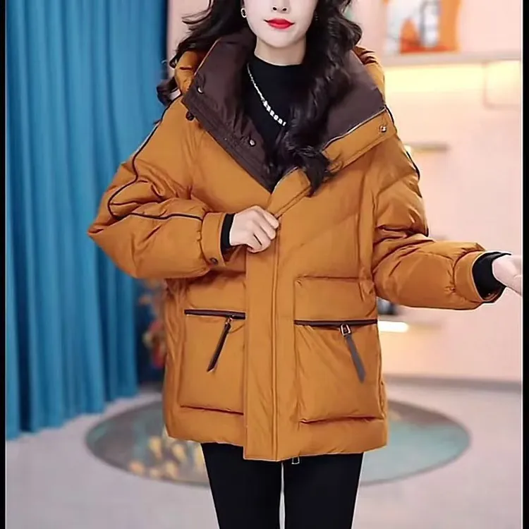 高品质】棉服女拼接短款棉衣2025冬季新款韩版宽松连帽棉袄外套潮