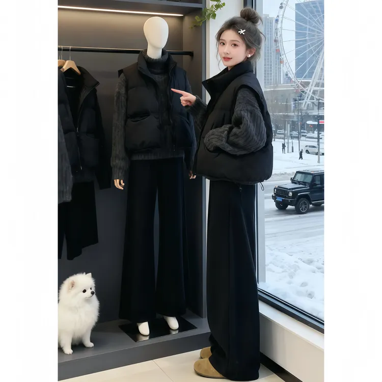 流行温柔叠穿减龄宽松慵懒风上衣马甲阔腿裤时尚两件套