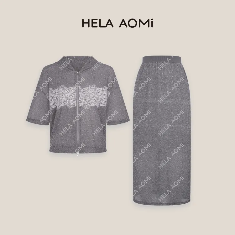 HELA AOMI“鎏光星河”蕾丝拼接连帽开衫半身长裙套装CY5AM99523