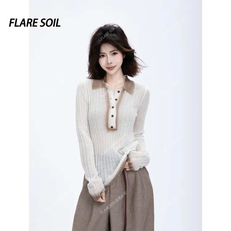【FLARE SOIL】渐变撞色扎染针织翻领修身慵懒针织上衣 T4683A