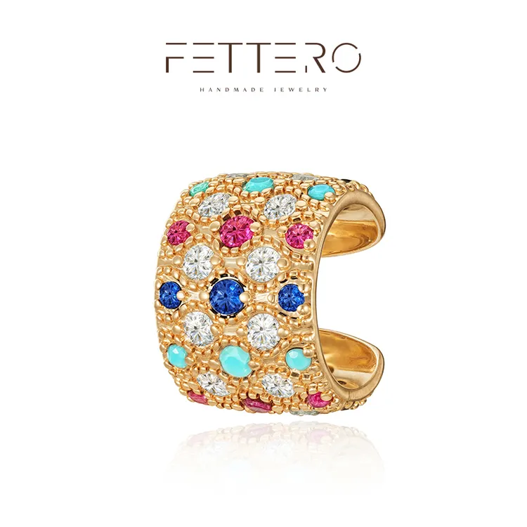 fettero 铜合金耳饰 【金色混彩珠线耳夹】气质轻奢彩色镶嵌