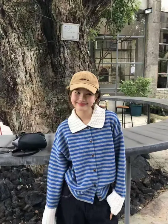 小香风条纹polo领长袖毛衣针织衫女早秋季慵懒松弛感穿搭外套上衣