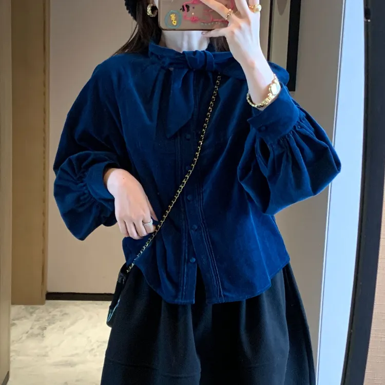 2025新款休闲百搭复古灯芯绒衬衫领口飘带设计感韩版长袖纽扣上衣