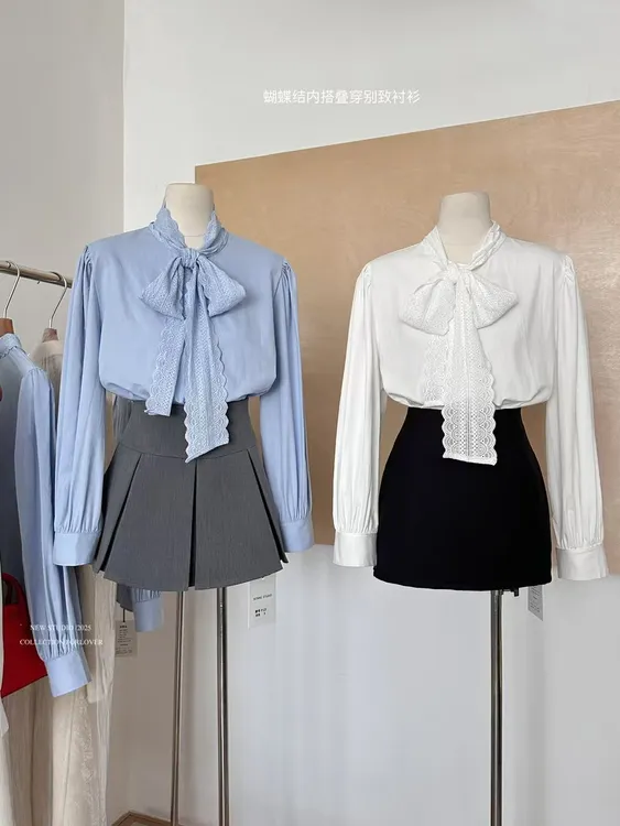 T蝴蝶结系带法式衬衫女春秋新款设计感长袖衬衣精致内搭上衣