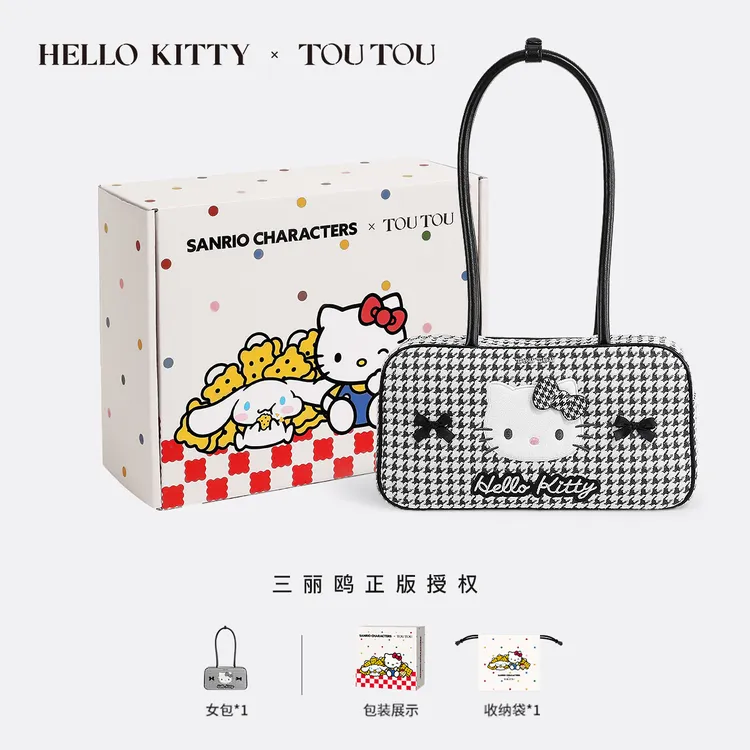 toutou2025新款hellokitty凯蒂猫哈喽千鸟格腋下保龄球波士顿包女