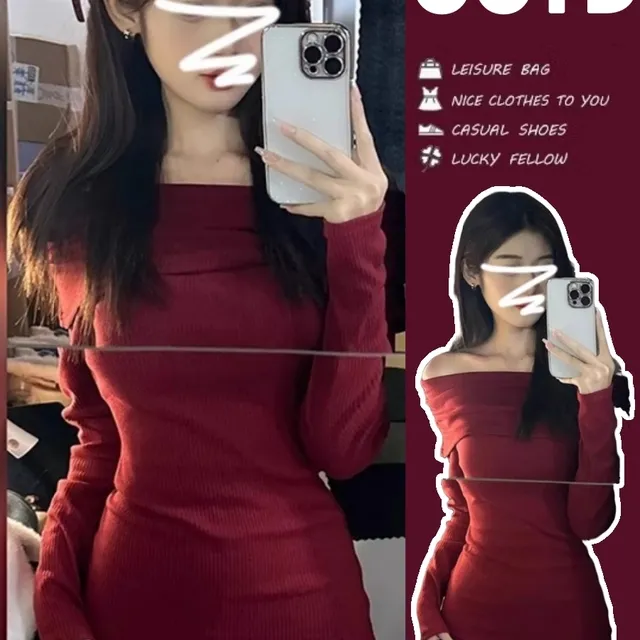 新年穿搭红色长袖一字肩连衣裙女秋冬2025新款小个子辣妹包臀短裙