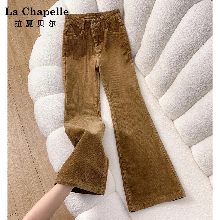 拉夏贝尔美式灯芯绒休闲裤女2025秋冬新款低腰复古显瘦喇叭拖地裤