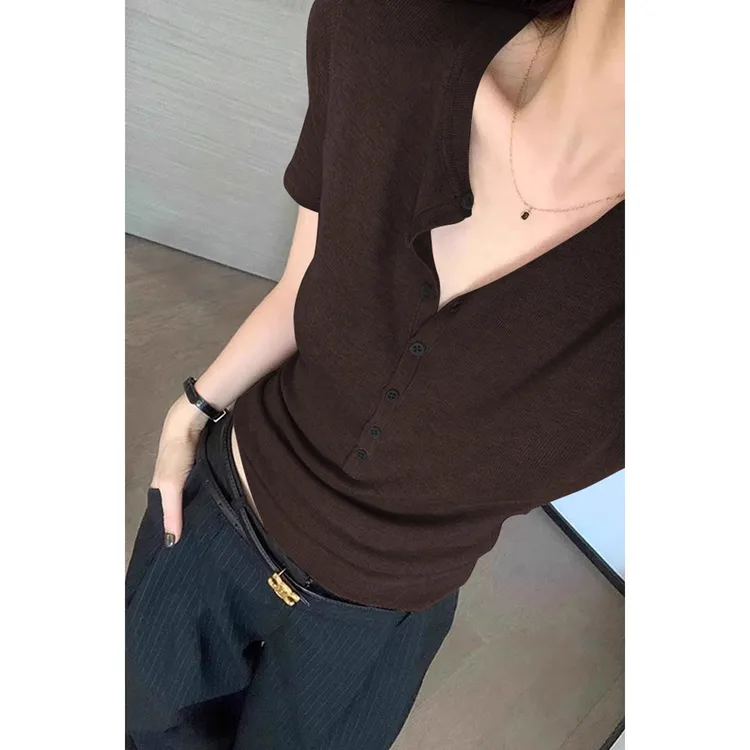咖色半开领修身正肩短袖t恤女夏季复古显瘦短款冰丝薄款针织上衣
