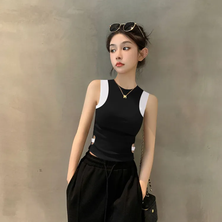 2025新款夏季黑色无袖背心吊带女拼接设计感小众薄款内搭上衣潮