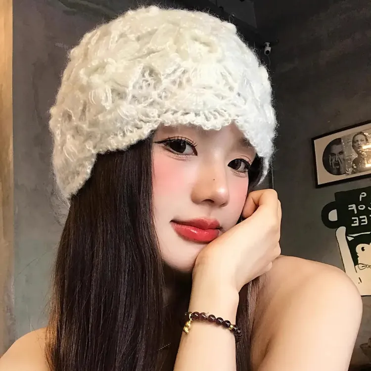 手工编织蕾丝镂空花朵包头帽女秋冬文艺显脸小大头围毛线针织帽子