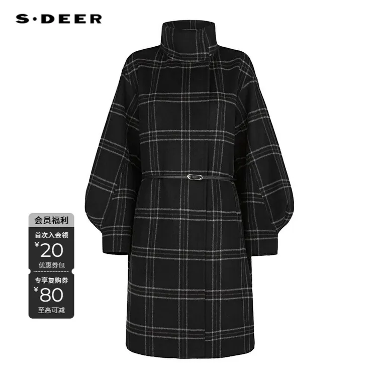 S·DEER圣迪奥女装冬季Oversize风格纹条纹绵羊毛呢大衣S23482508