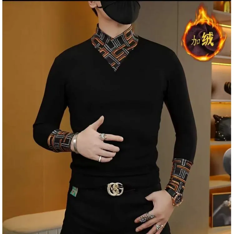 加绒男士加绒加厚卫衣秋冬季新款潮流轻奢打底衫保暖商务修身韩版
