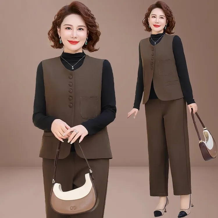 妈妈春装套装洋气中年女士马甲时尚三件套贵夫人中老年品牌上衣服