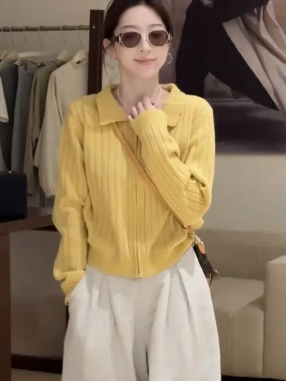 韩版黄色双拉链翻领针织开衫女2025秋季新款时尚减龄百搭长袖毛衣