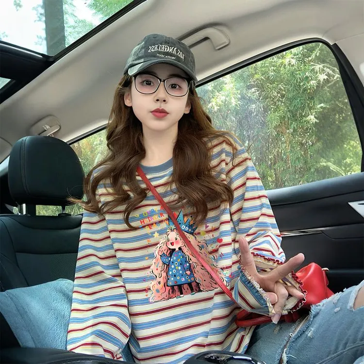 大码女装条纹纯棉长袖t恤女洋气减龄ins潮高级感宽松打底衫上衣