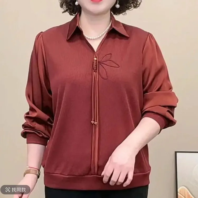 春季新款衬衫气质百搭拼接洋气翻领纯色减龄妈妈套头设计感上衣女