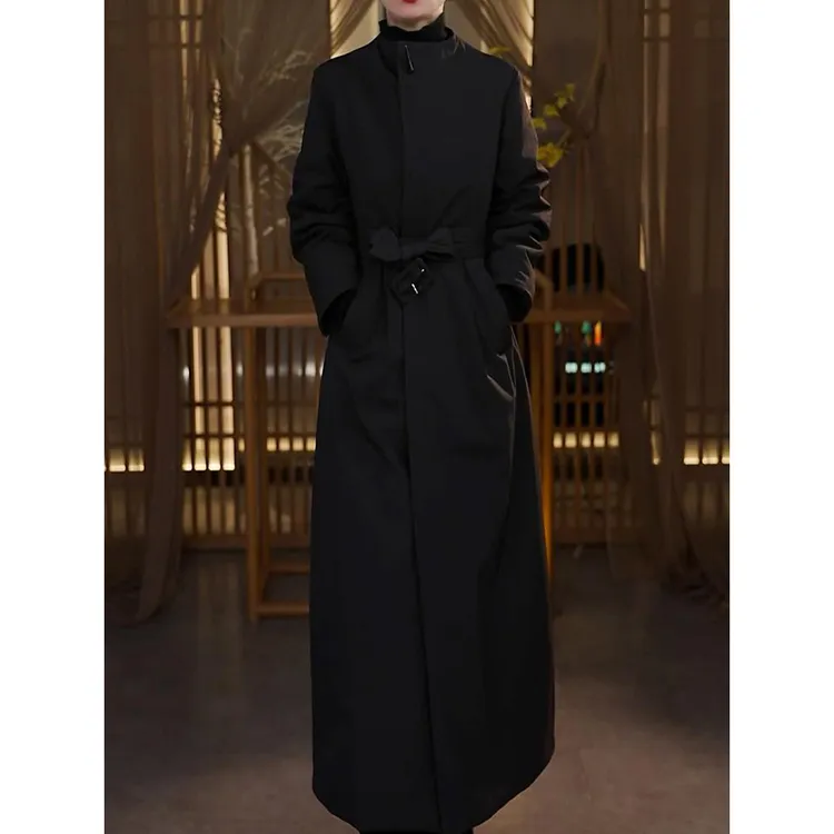 加厚保暖夹羽绒外套女2025冬季新款高级感系带收腰显瘦长款大衣