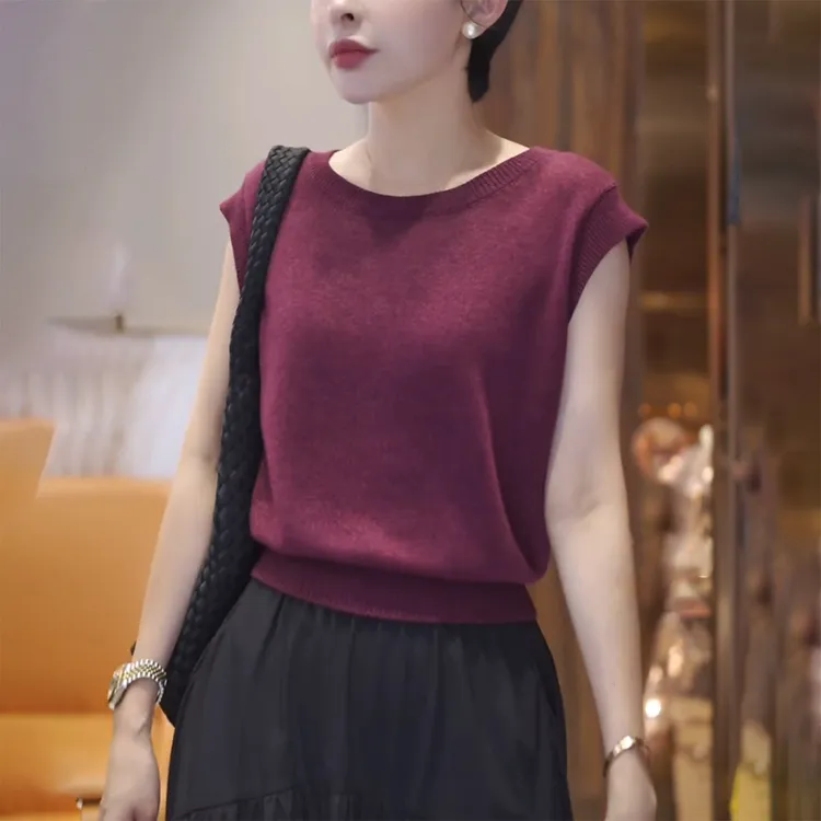 时尚洋气红色冰丝针织背心2025夏季新款女士坎肩无袖宽松减龄上衣