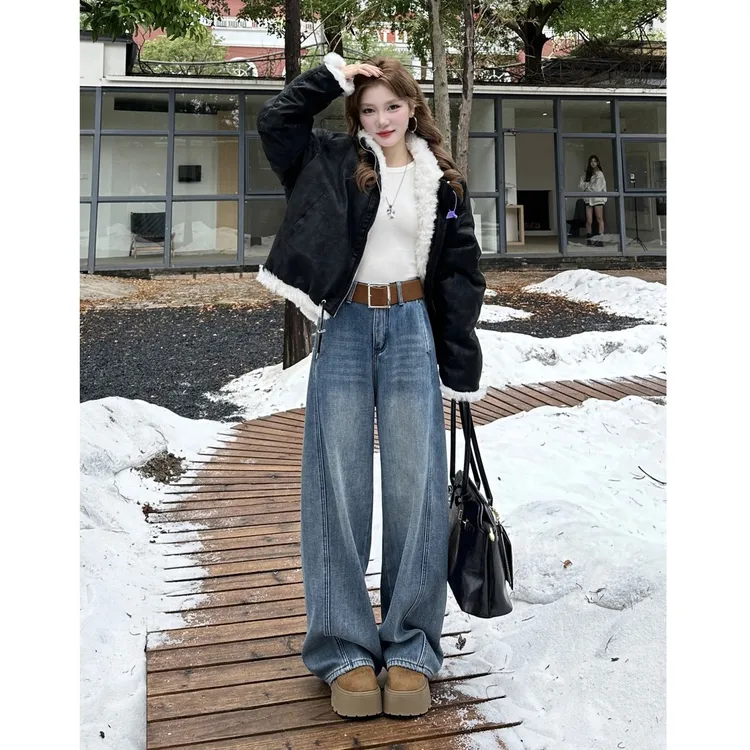 秋冬新款高腰加绒加厚小弯刀复古小个子宽松时尚百搭显瘦牛仔裤女