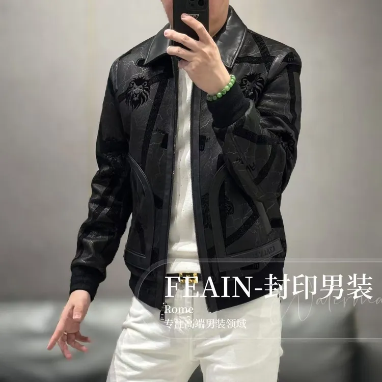 【真皮拼接】高端男士激光雕花植绒真皮拼接加棉夹克8102