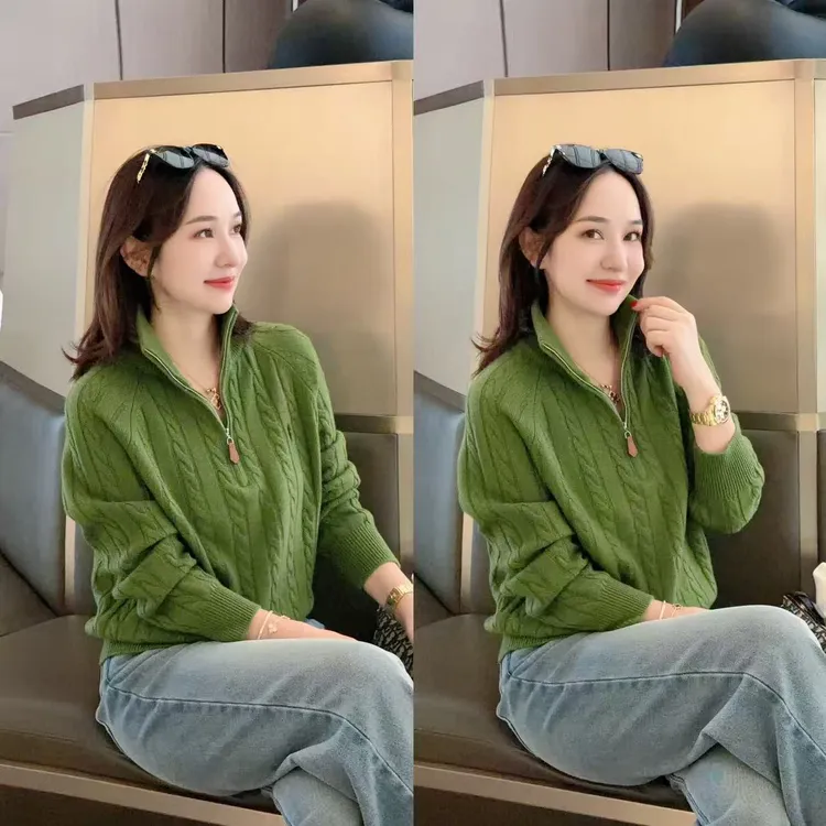 JDND轩羽【牛油果绿】100%羊毛宽半开领针织小衫XY25580