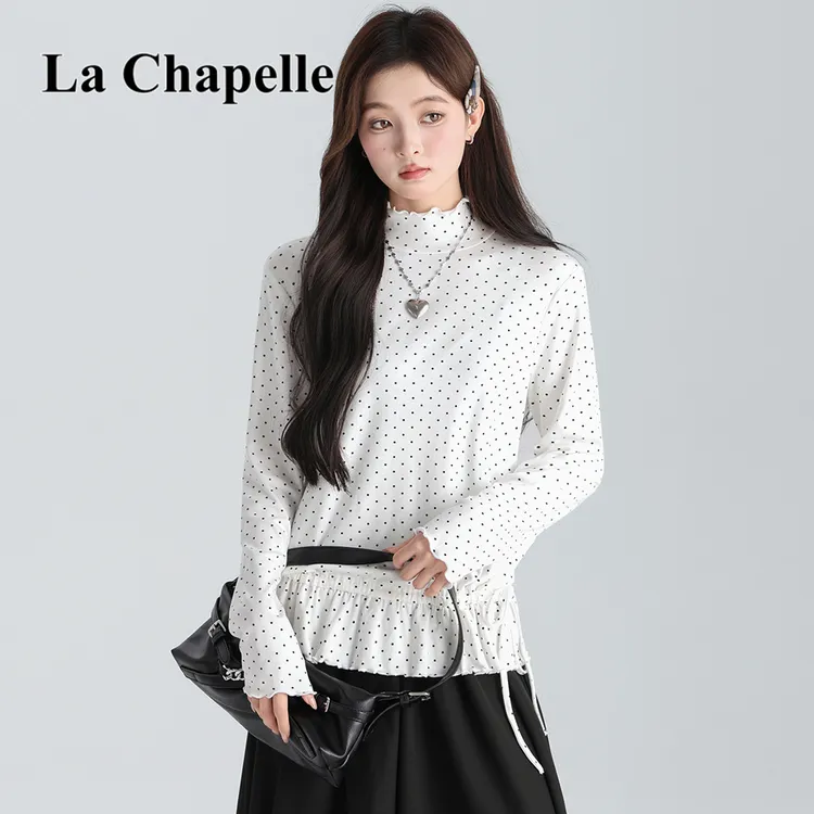 拉夏贝尔韩系半高领波点荷叶边打底长袖t恤2025秋冬新款百搭上衣
