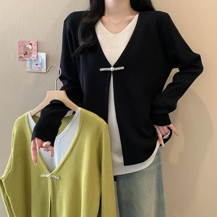 大码女装2025春装新款假两件针织衫上衣胖mm宽松显瘦毛衣3892