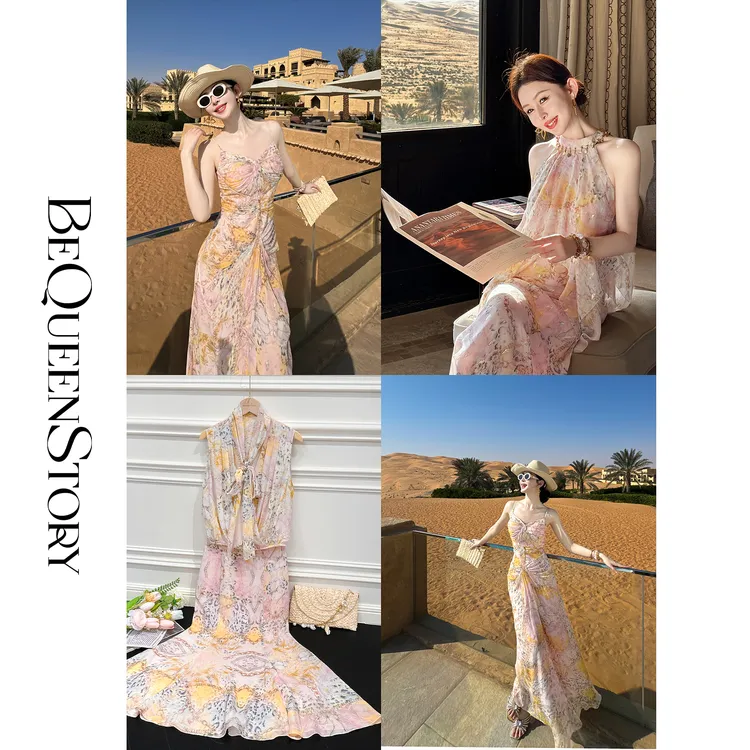 BeQueenStory【鎏金粉豹】欧若风桑蚕丝印花吊带连衣裙&套装2025