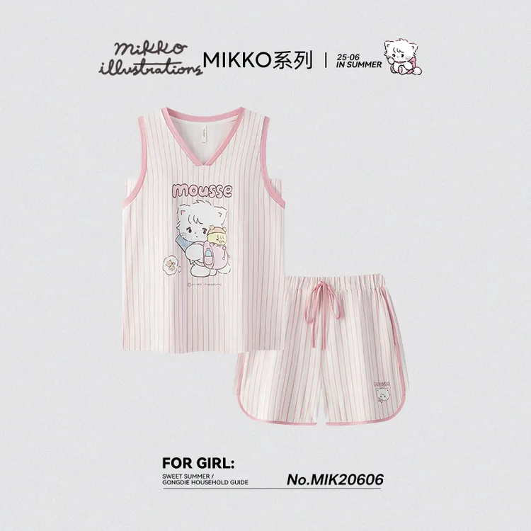 宫蝶【凉感型】mikko联名睡衣女纯棉薄款休闲可爱V领无袖家居服夏