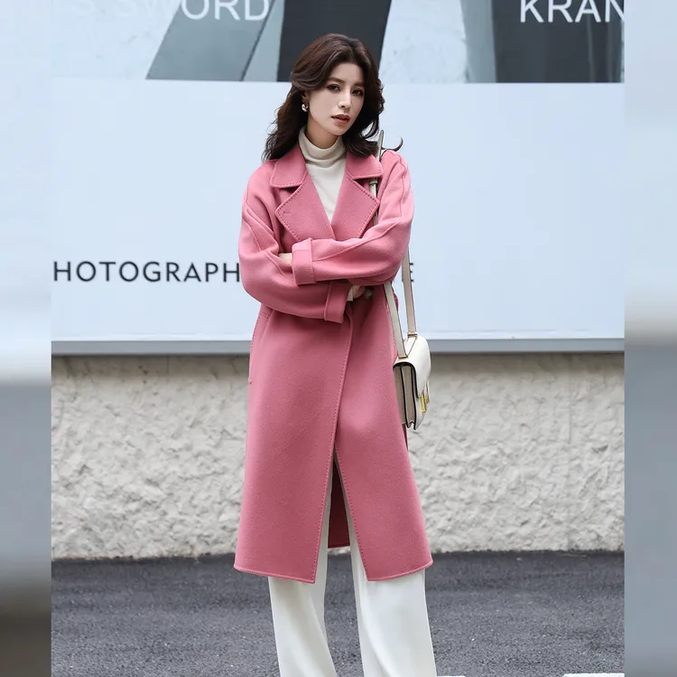 秋冬双面30%羊绒大衣翻领中长款时尚女毛呢外套修身冬季宽松外套