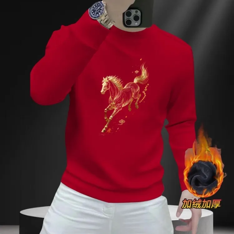 本命年红色上衣秋冬国潮爆款骏马印花加绒打底衫新年喜庆男士卫衣