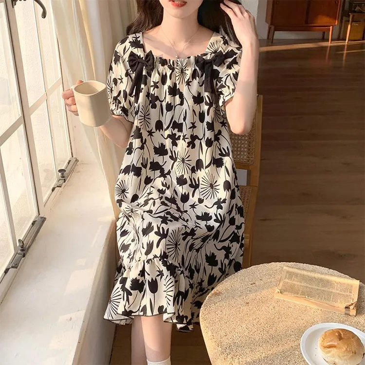 GPSUNLU带胸垫睡裙夏季薄款短袖复古公主风睡衣女款空调房家居服