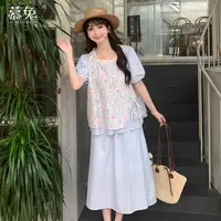 慕兔法式拼接假两件碎花短袖衬衫女2025夏季新款高腰半身裙两件套