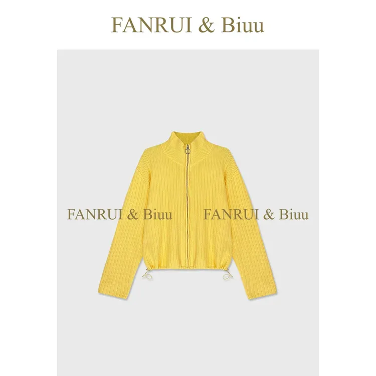 FANRUI/泛芮 「酷感绳边」羊毛拉链竖条纹弹力加厚针织外套女B19366
