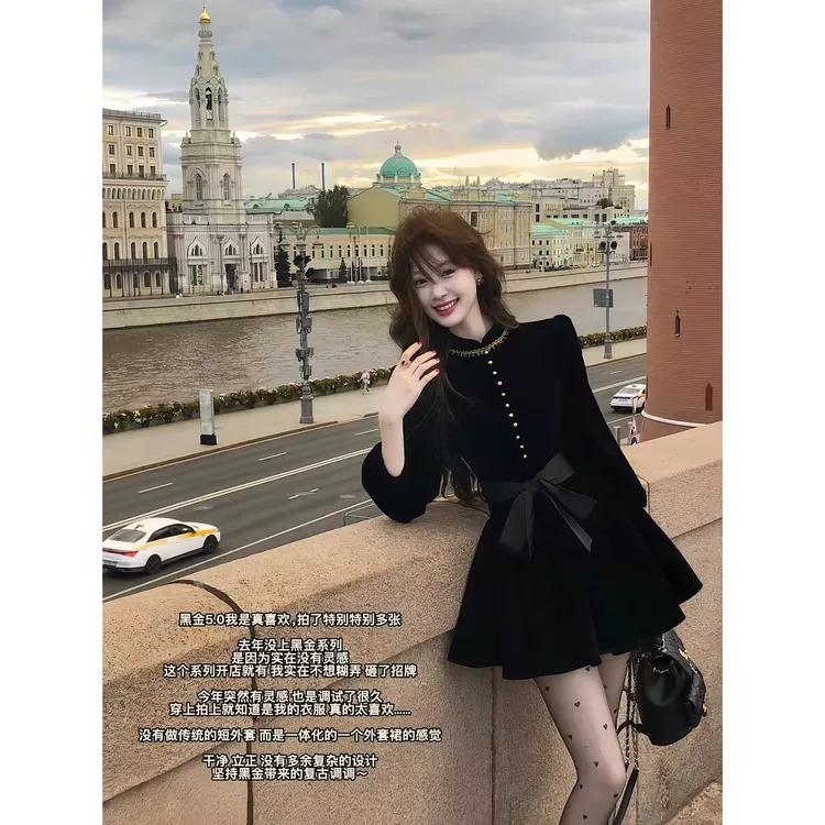 2025秋季 伯拉德千金 新品法式复古复古黑色丝绒连衣裙外套9117娇