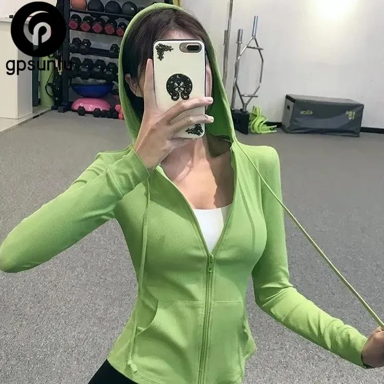 gpsunlu连帽拉链运动外套女休闲跑步长袖瑜伽服上衣紧身夹克修身