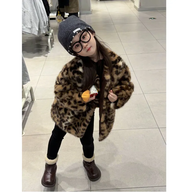 新年战袍男女童毛毛外套加绒加厚2026秋冬新款小女孩百搭豹纹大衣