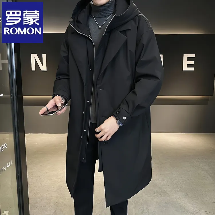 罗蒙男士假两件中长款风衣派克服冬季新款加厚保暖商务羽绒服外套