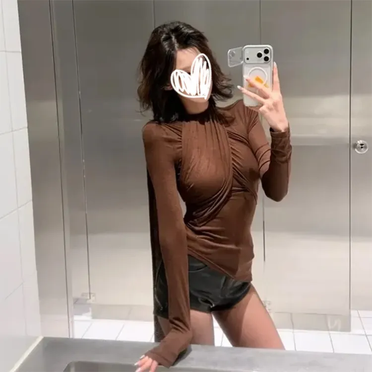 设计感小众交叉褶皱飘带内搭长袖T恤女装秋冬修身辣妹打底衫上衣