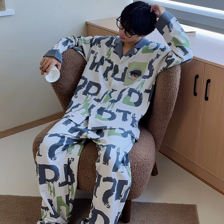 男款睡衣纯棉长袖长裤柯南春秋季卡通ins风休闲加大码家居服套装