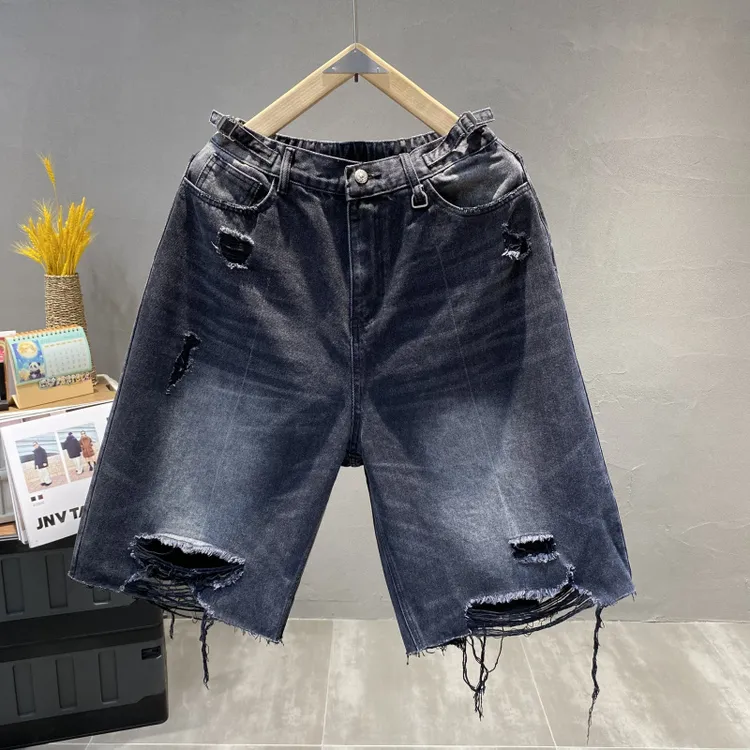 潮牌美式重工做旧破洞牛仔七分短裤男士夏季新款宽松复古重磅短裤
