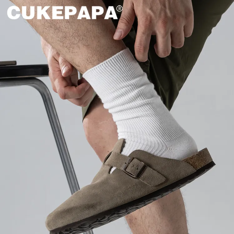 狗哥说袜子日系复古男士粗线抽条纯色黑白长筒袜棉堆堆袜潮袜百搭