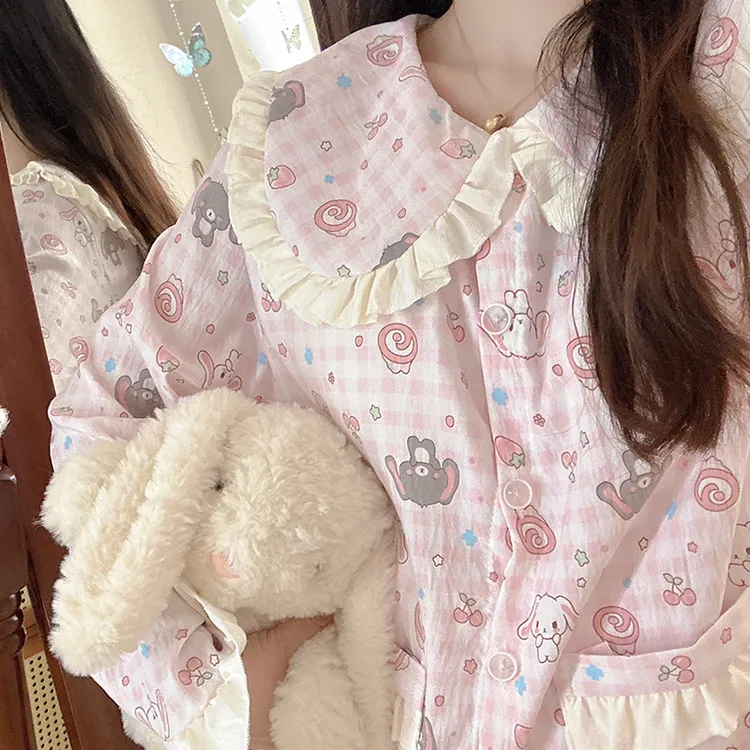 日系粉格长耳朵兔兔睡衣女春秋季长袖长裤卡通可爱家居服薄款套装