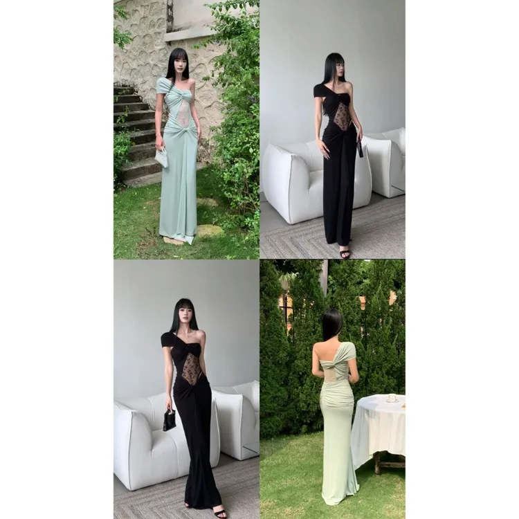VENUIE【午后青波】设计感小众单肩蕾丝扭结夏季气质连衣裙女21605