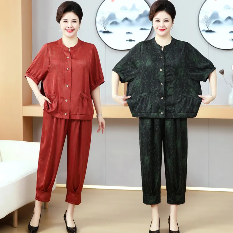 大码高贵时尚套装女中老年女装妈妈装外穿大码中年夏装两件套