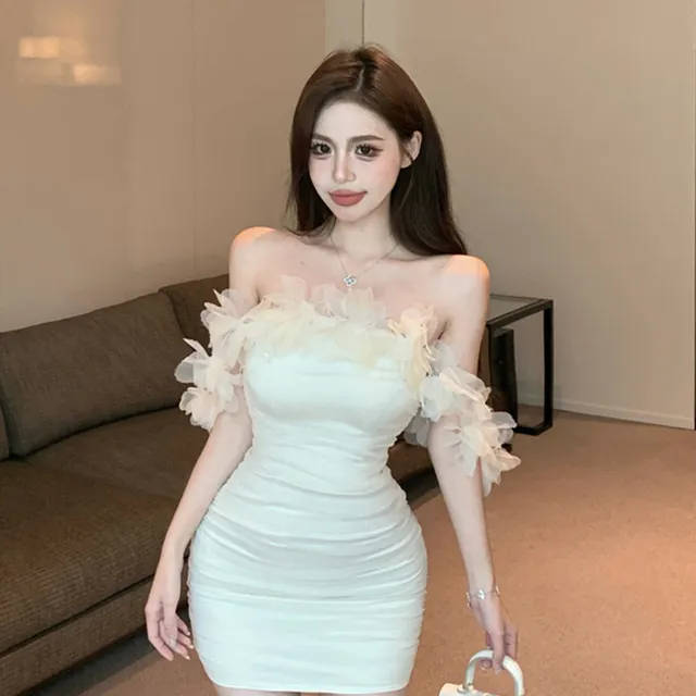 一字肩花朵吊带连衣裙女夏季辣妹包臀小妈裙御姐风显身材抹胸裙子