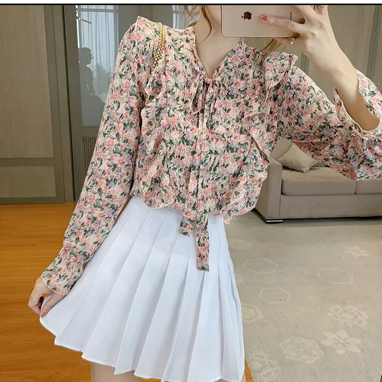 2024春季雪纺衫女长袖飘带荷叶印花蝴蝶结衬衫上衣潮百搭显瘦新款