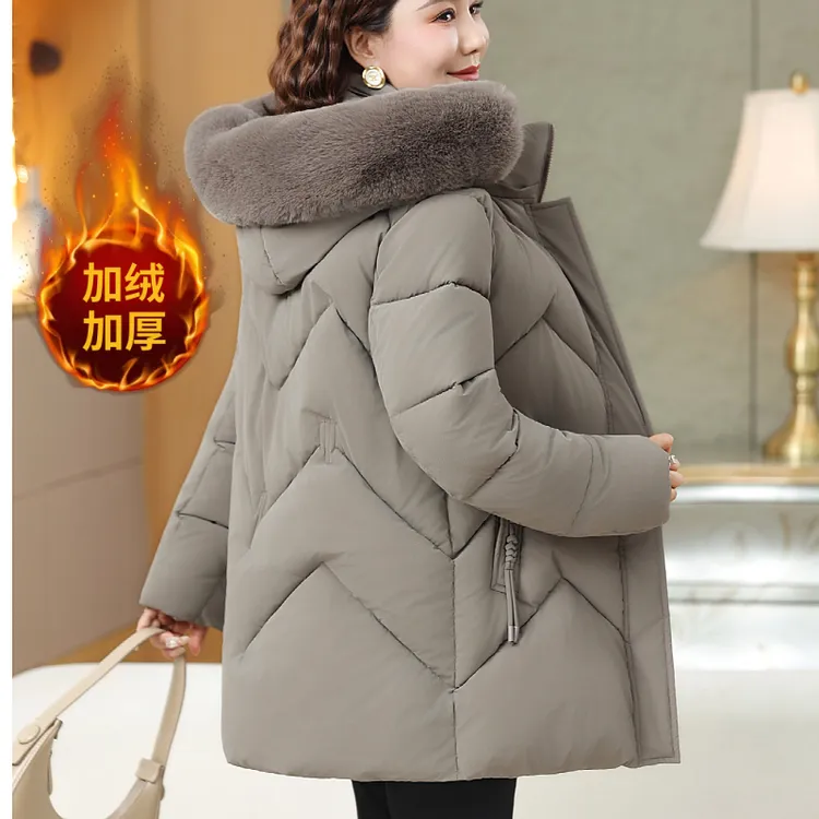 中老年冬季女长袖妈妈装外套厚款纯色中长款连帽棉服加绒加厚棉袄
