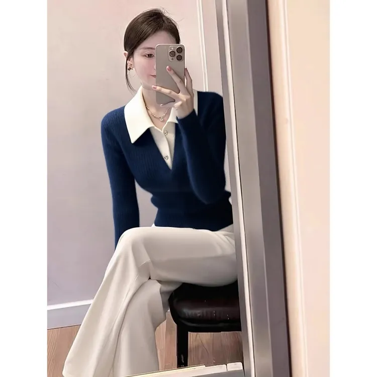 藏蓝色假两件毛衣女冬内搭高端时髦洋气巨好看修身针织衫单穿上衣